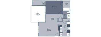 A floor plan of a small apartment with a living area, kitchen, dining area, bedroom, and bathroom.