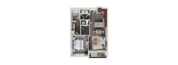 A floor plan of a small apartment with a kitchen, living room, and bathroom.