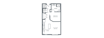 A floor plan of a small apartment with a kitchen, living space, and bathroom.