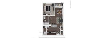 A floor plan of a small apartment with a kitchen, living room, and bathroom.