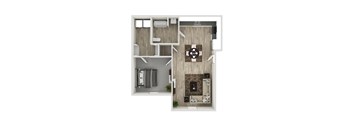 A top down view of a living room with a couch, a coffee table, and a television.