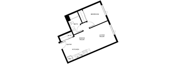 A black and white image of a floor plan for a small apartment.