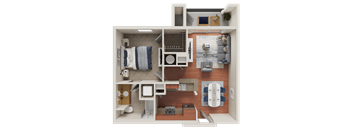 A top-down view of a small apartment layout with a bedroom, living room, and kitchen.