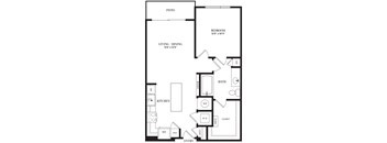 A floor plan of a small apartment with a patio.