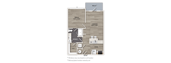A floor plan of a small apartment with a living room, kitchen, and bathroom.