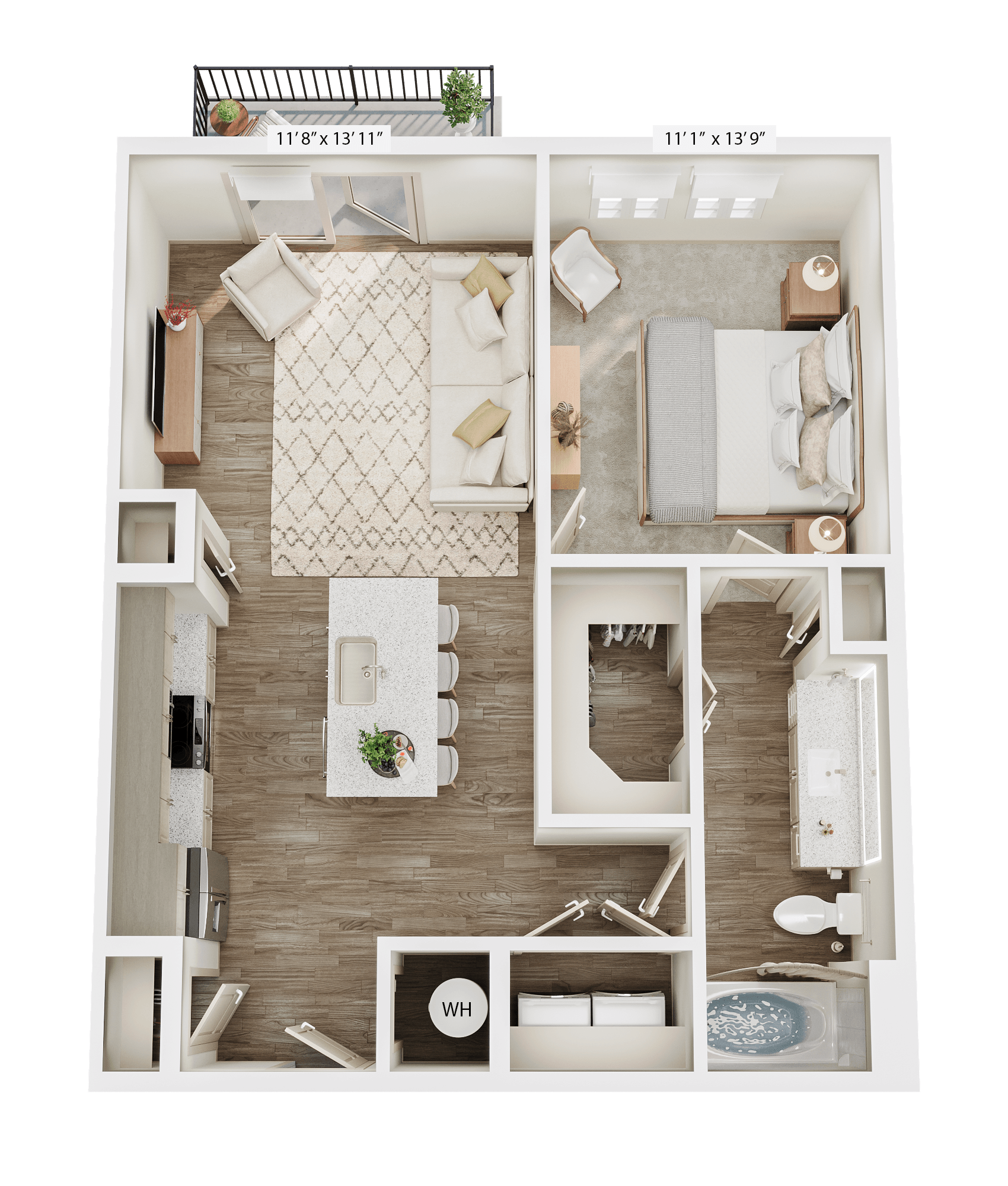 A top-down view of a floor plan for a small apartment with a living room, kitchen, and bedroom.
