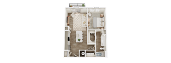 A top-down view of a floor plan for a small apartment with a living room, kitchen, and bedroom.