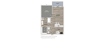 A floor plan of a small apartment with a living room, kitchen, and bathroom.