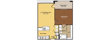 A floor plan of a small apartment with a living/dining area, kitchen, bedroom, bathroom, and balcony.