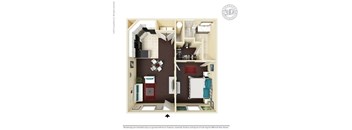 A 3D floor plan of a small apartment layout.