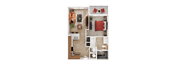 A top-down view of a modern apartment layout with a living area, kitchen, and bathroom.