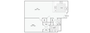 A floor plan of a living space with a kitchen, sleeping area, and a bathroom.