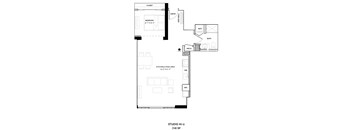 A floor plan for a studio apartment with a bedroom, bathroom, kitchen/living area, and a reference section.