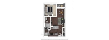 A floor plan of a small apartment with a kitchen, living room, and bathroom.