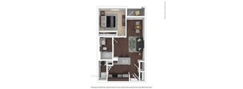 A floor plan of a small apartment with a living room, kitchen, and bathroom.