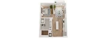 a 3d rendering of a bedroom with a bathroom and a living room