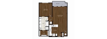 A floor plan of a home with a balcony, bedroom, living/dining area, bathroom, kitchen, and walk-in closet.