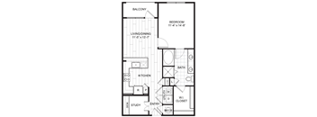 A black and white image of a floor plan for a bedroom, living room, kitchen, and balcony.
