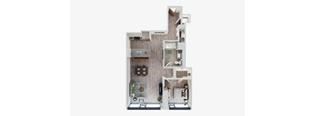 A 3D rendered image of a modern house layout.