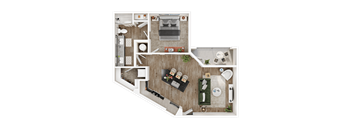 A top-down view of a house layout with a kitchen, living room, and bathroom.