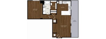 A floor plan of a house with a bedroom, bathroom, kitchen, and living/dining area.