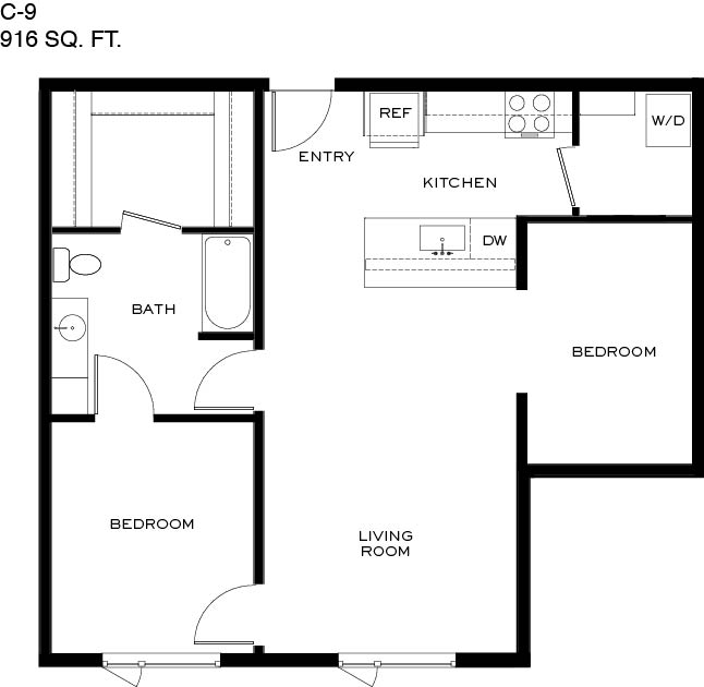 A black and white image of a C-9 916 square foot floor plan.