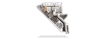 A 3D floor plan of a modern apartment with a kitchen, living room, and bathroom.
