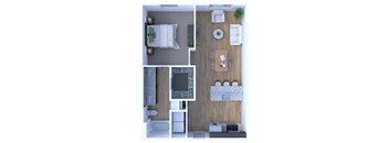 A top-down view of a small apartment with a living room, kitchen, and bathroom.