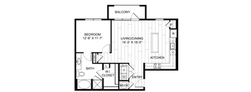 A floor plan of a house with a balcony, living/dining area, kitchen, bath, and bedroom.