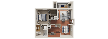 A 3D floor plan of a small apartment with a kitchen, living room, and bedroom.