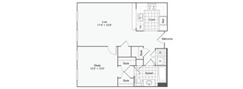a floor plan of a small apartment with a bedroom and a living room