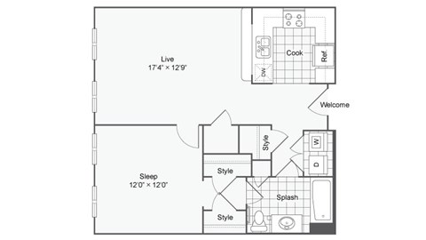 a floor plan of a small apartment with a bedroom and a living room