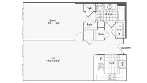 a floor plan of a house with a bedroom and a living room
