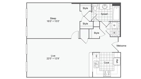 a floor plan of a house with a bedroom and a living room