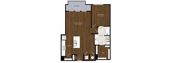 A floor plan of a home with a balcony, living/dining area, kitchen, bath, and bedroom.