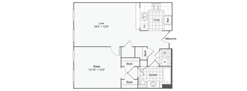 a floor plan of a studio apartment with a bedroom and a living room
