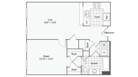 a floor plan of a studio apartment with a bedroom and a living room