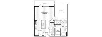A black and white image of a floor plan for a home with a balcony, living/dining area, kitchen, bedroom, bathroom, and closets.