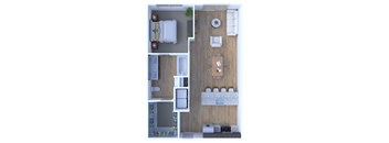 A top down view of a small apartment with a kitchen, living room, and bathroom.