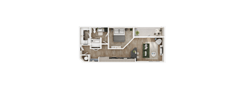 A top-down view of a well-organized apartment with a kitchen, living room, and bedroom.