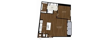 A floor plan of a small apartment with a bedroom, living/dining area, kitchen, and bathroom.