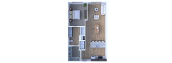 A top down view of a small apartment with a bedroom, living room, and kitchen.
