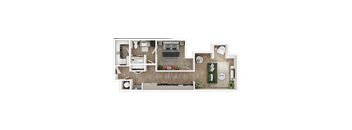 A top-down view of a house layout with a living room, kitchen, dining area, and bedrooms.
