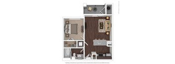 A 3D floor plan of a small apartment with a living room, kitchen, and bathroom.