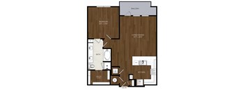 A floor plan of a house with a bedroom, bathroom, living/dining area, kitchen, and entry.