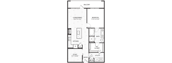 A black and white image of a floor plan for a one bedroom apartment.