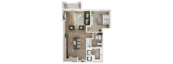 A top-down view of a house layout with a kitchen, dining area, living room, and bathroom.