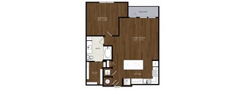 A floor plan of a house with a bedroom, living/dining area, kitchen, bathroom, and a walk-in closet.