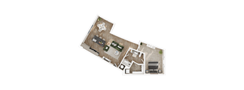 A 3D floor plan of a house layout.