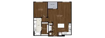 A floor plan of a small apartment with a bedroom, living/dining area, kitchen, bathroom, and entry.